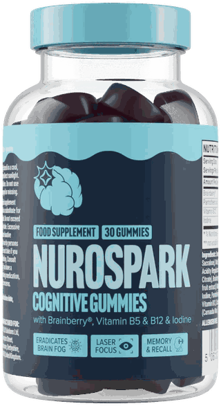 Glas med Nurospark Cognitive Brain Gummies med 30 vingummier, Brainberry®, vitamin B5 og B12 samt jod