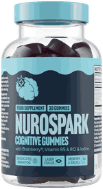 Glas med Nurospark Cognitive Brain Gummies med 30 vingummier, Brainberry®, vitamin B5 og B12 samt jod